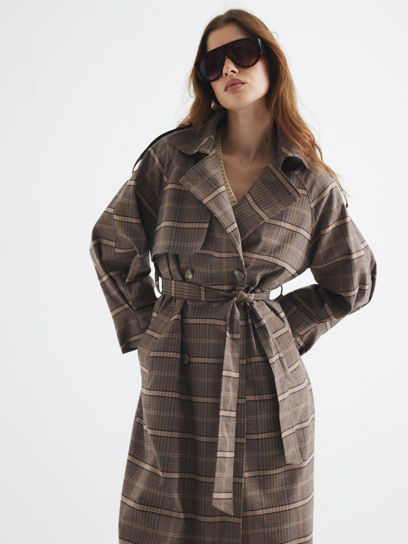 Image 3 of 6 of River Island Check Trench Coat - Brown