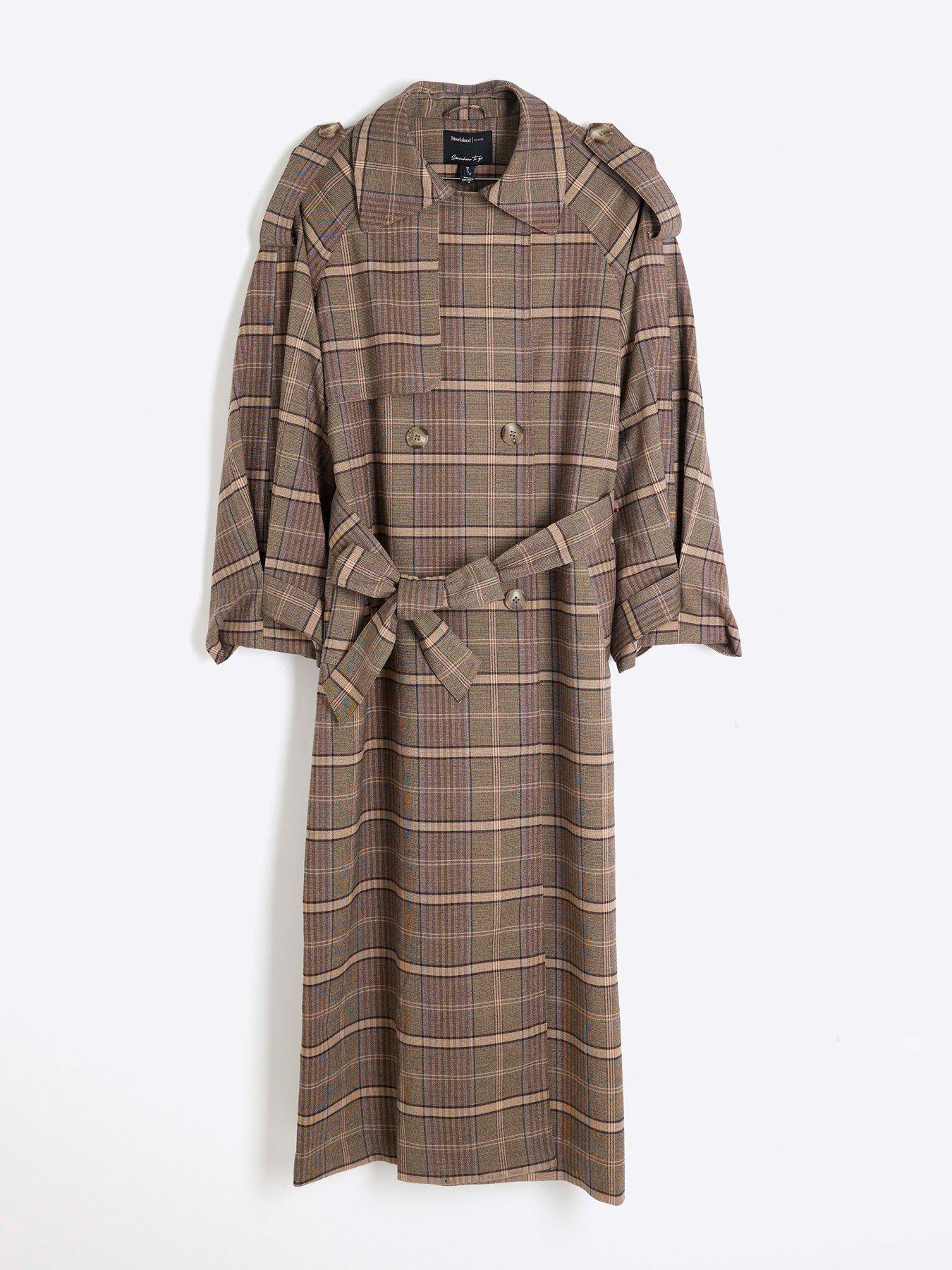 Image 6 of 6 of River Island Check Trench Coat - Brown