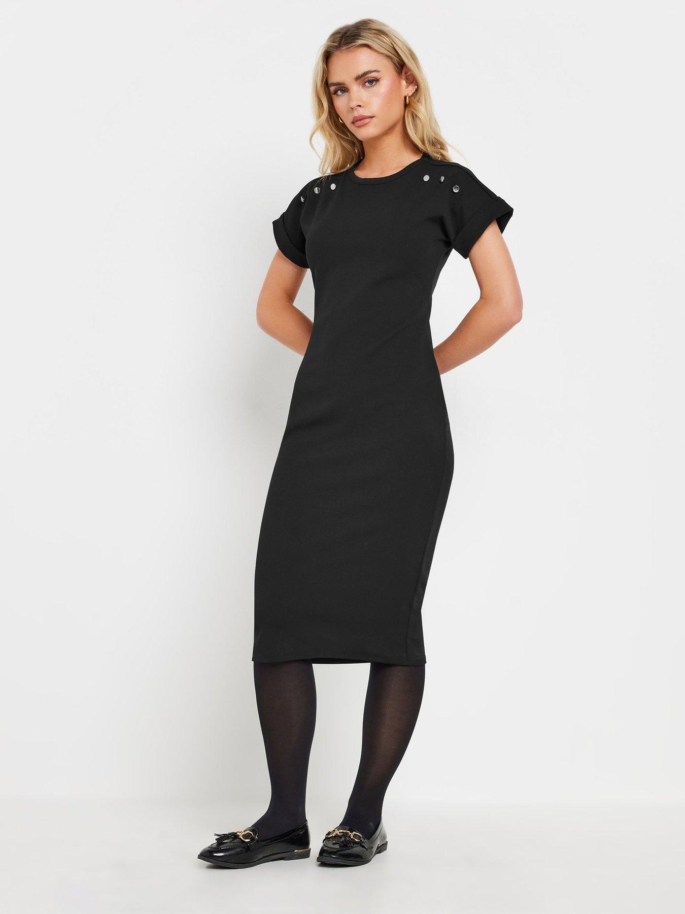 Image 1 of 4 of PixieGirl Petite Button Shoulder Scuba Midi Dress - Black