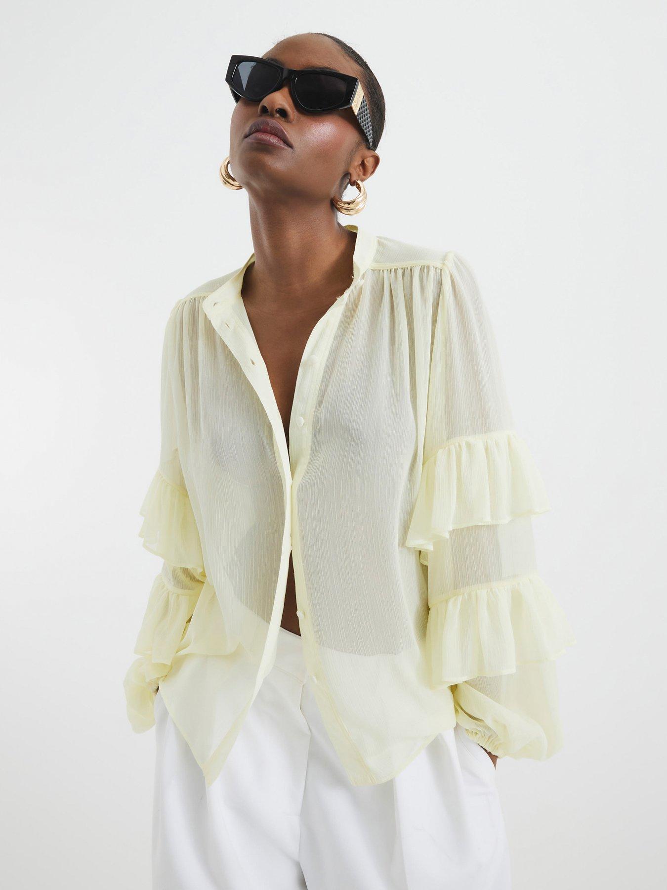 Image 1 of 4 of River Island Ruffle Sleeve Blouse - Yellow