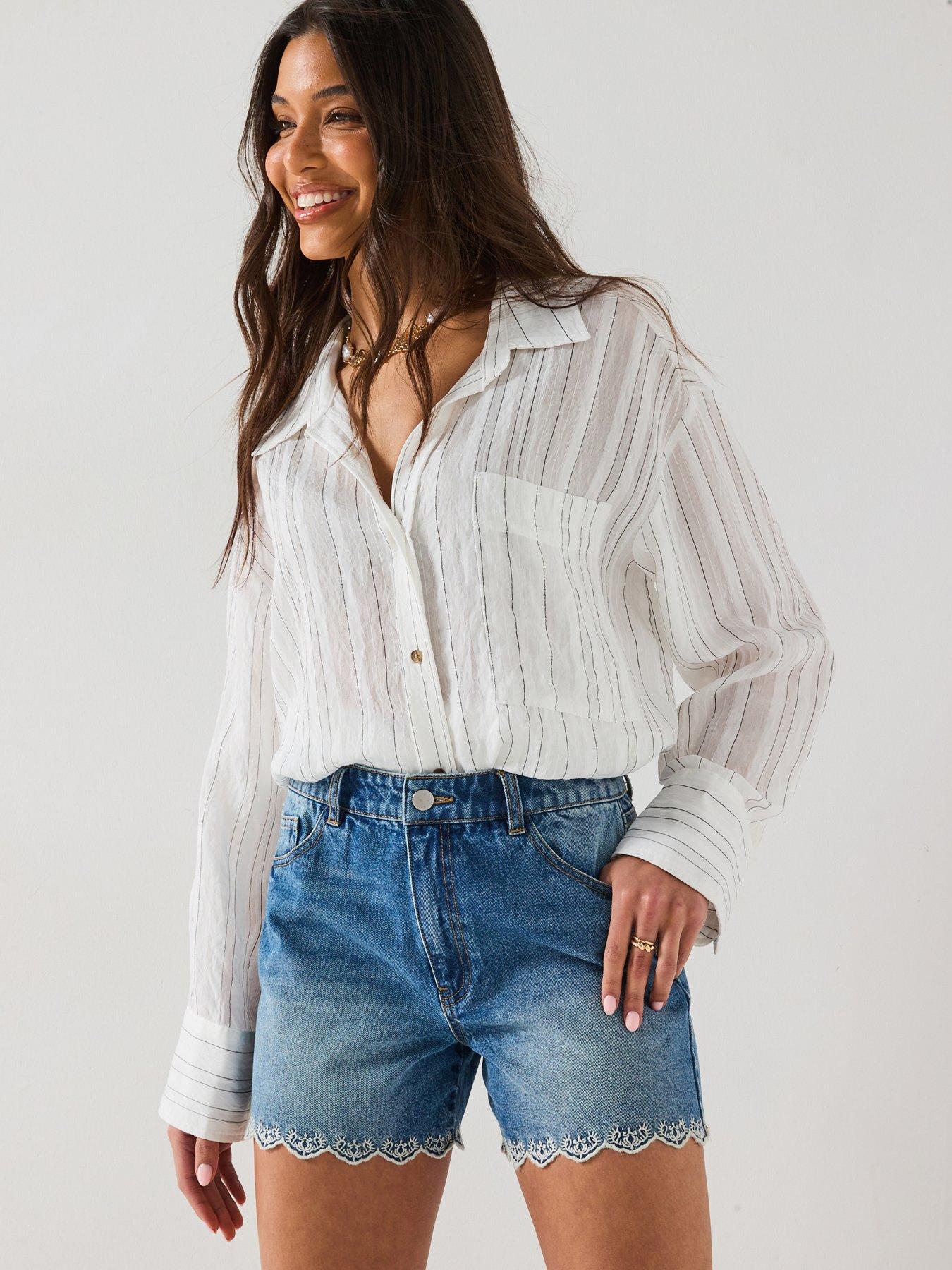 Image of V by Very Embroidered Hem Denim Shorts - Mid Wash