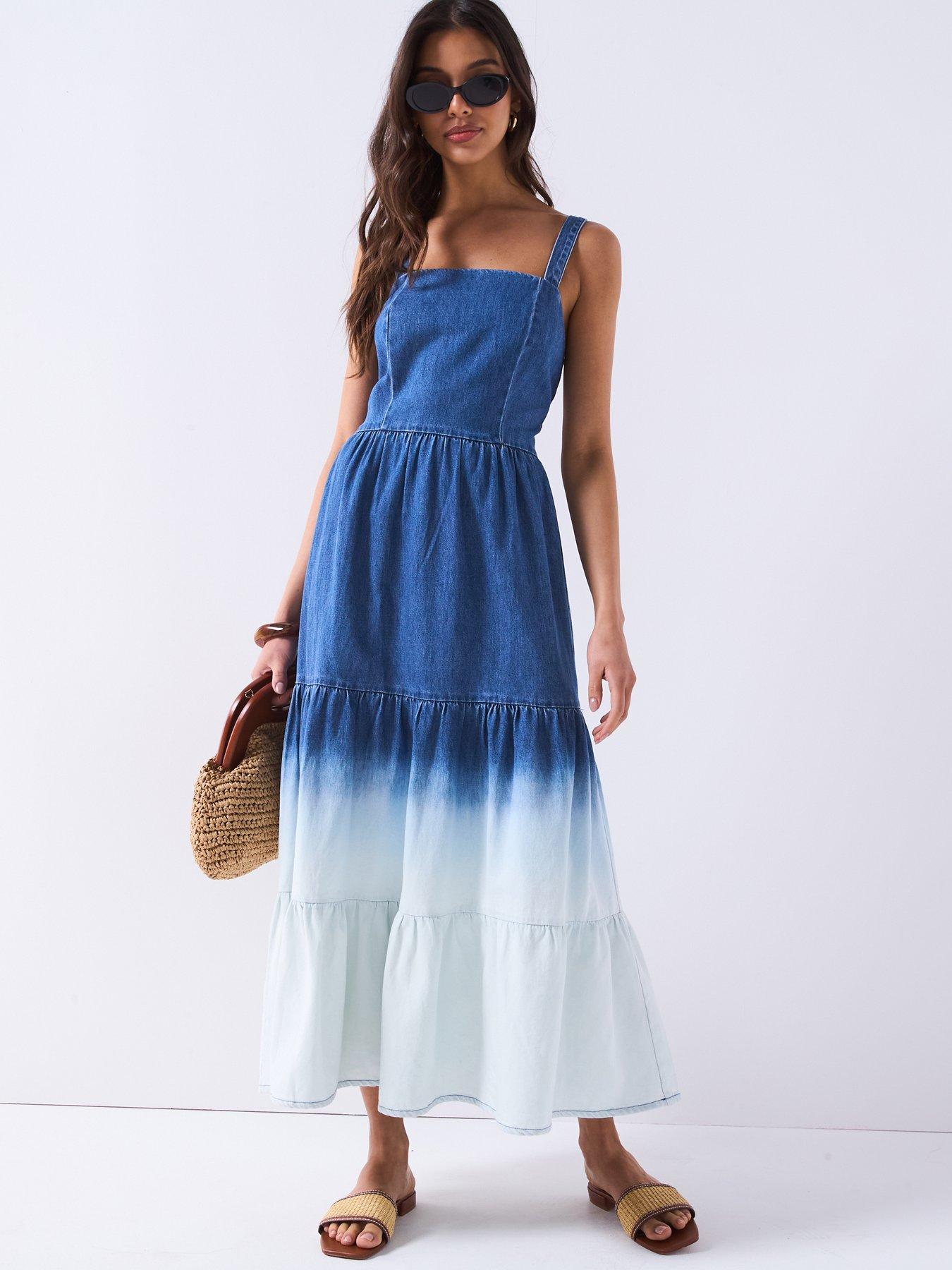 Image 1 of 5 of V by Very Ombre Tiered Denim Dress - Mid Wash