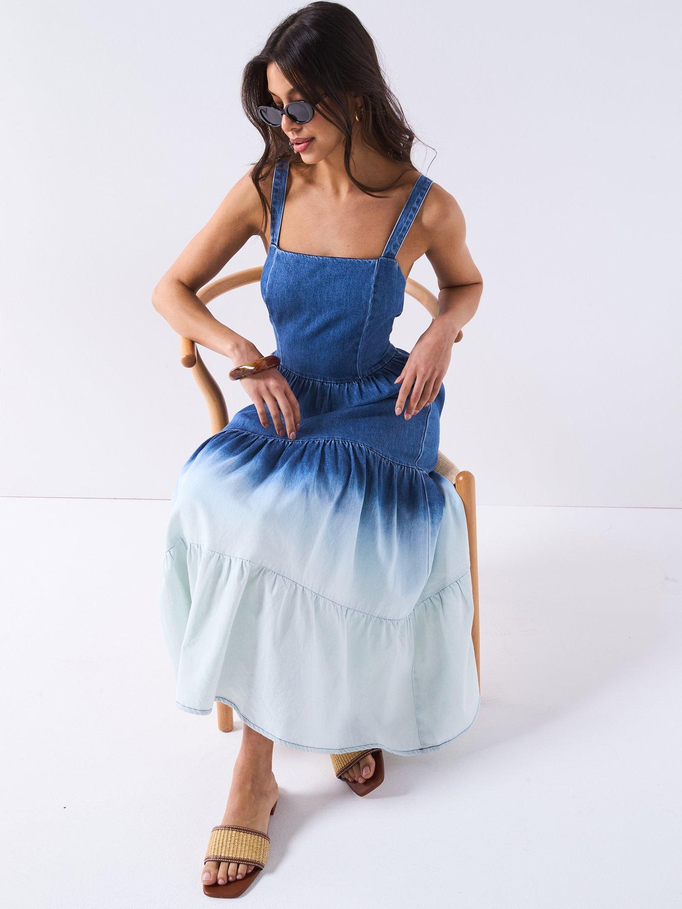 Image 3 of 5 of V by Very Ombre Tiered Denim Dress - Mid Wash