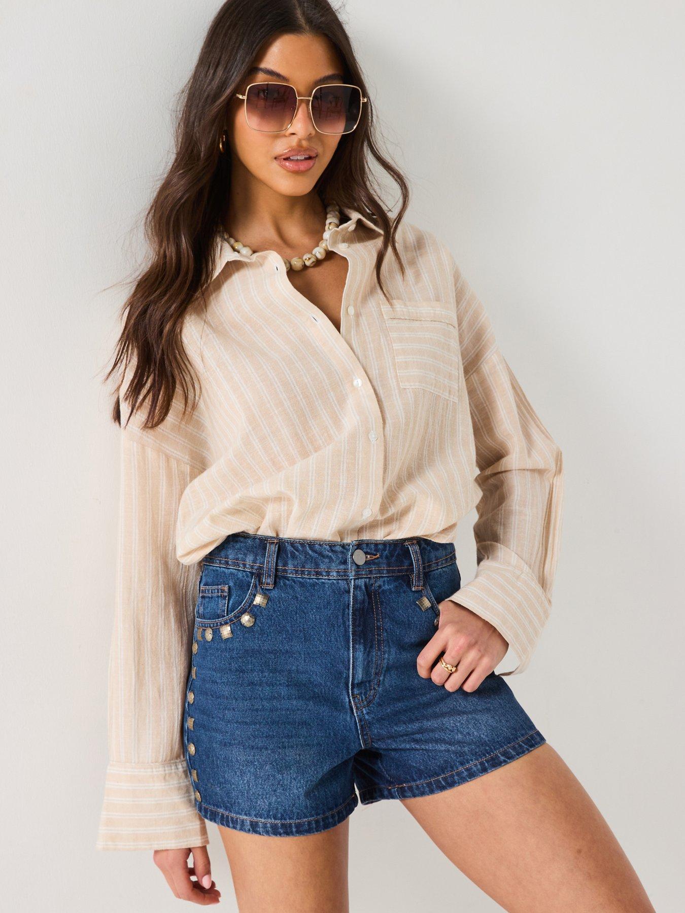 Image 1 of 6 of V by Very Denim Shorts With Stud Trim - Mid Wash