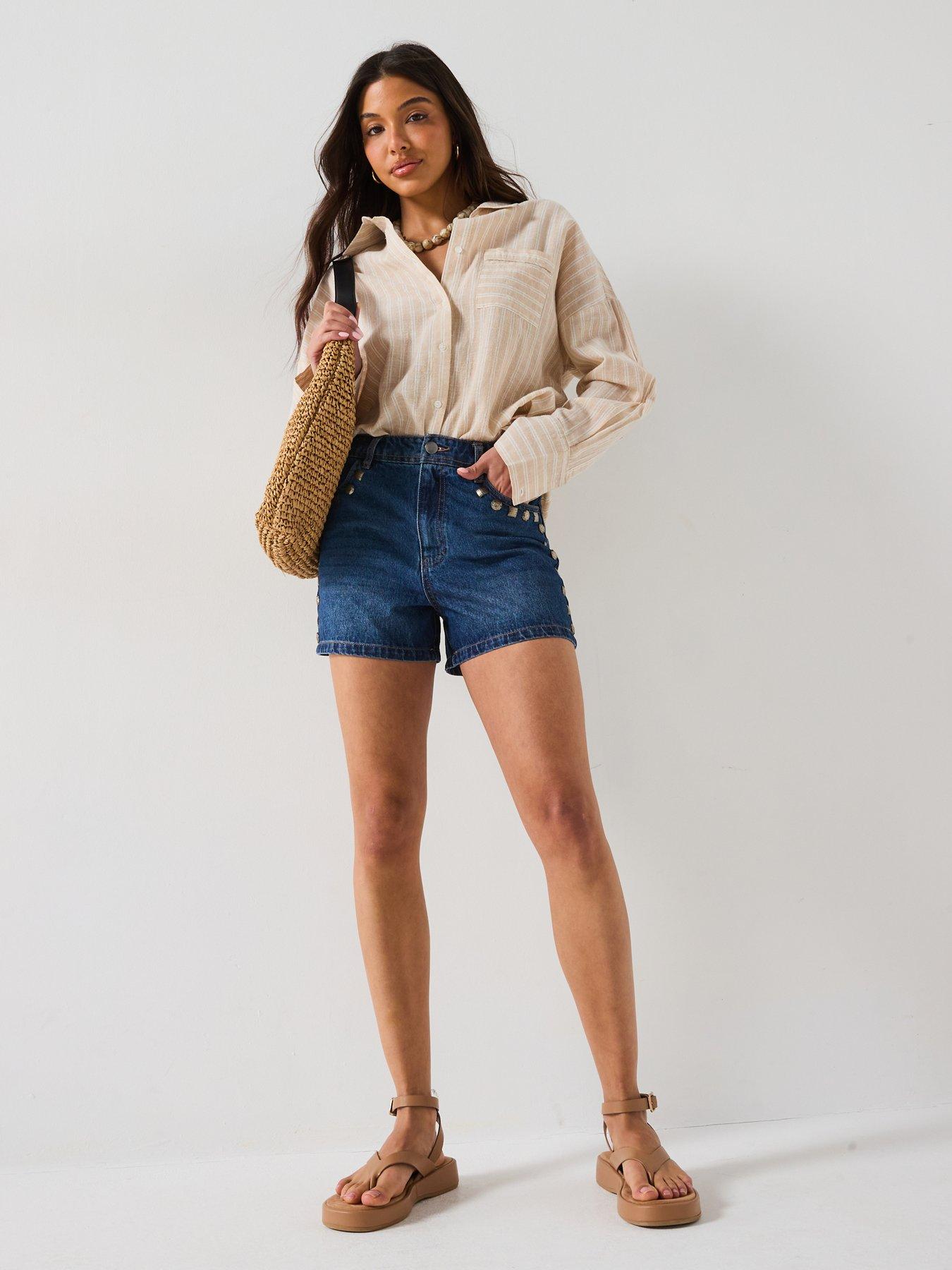 Image 3 of 6 of V by Very Denim Shorts With Stud Trim - Mid Wash