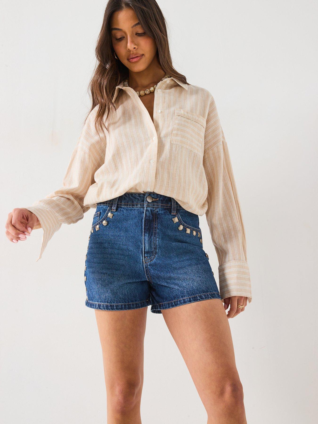 Image 5 of 6 of V by Very Denim Shorts With Stud Trim - Mid Wash