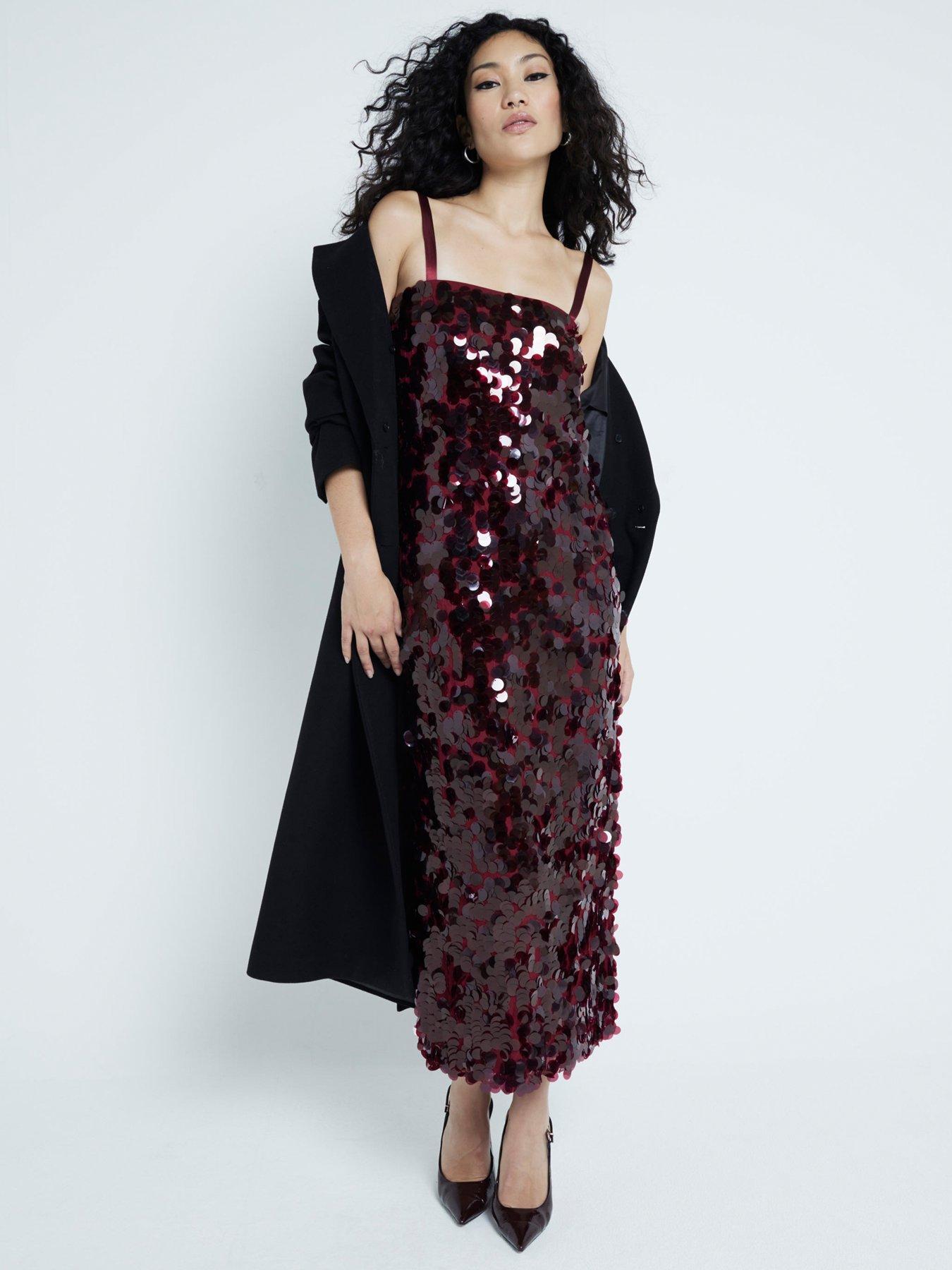 River Island Strappy Sequin Slip Dress - Dark Red