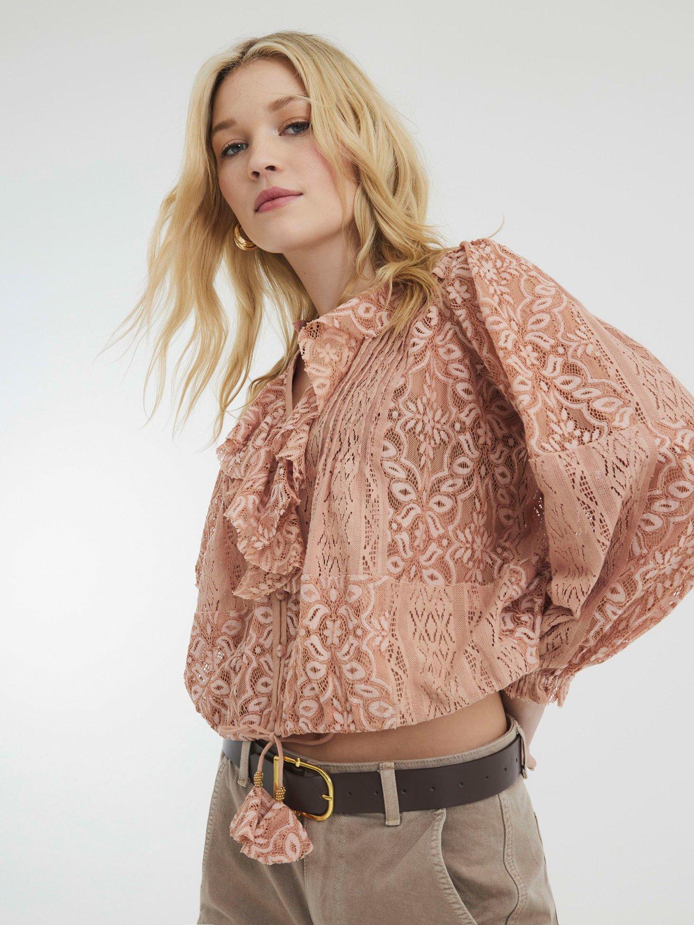 Image 1 of 4 of River Island All Over Lace Ruffle Top - Pink