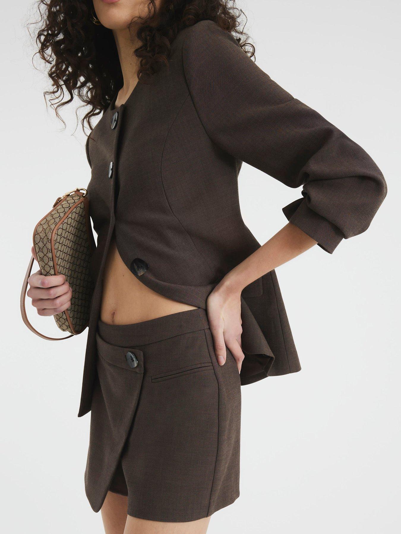 Image 4 of 6 of River Island Asymmetric Button Front Wrap Skirt - Brown