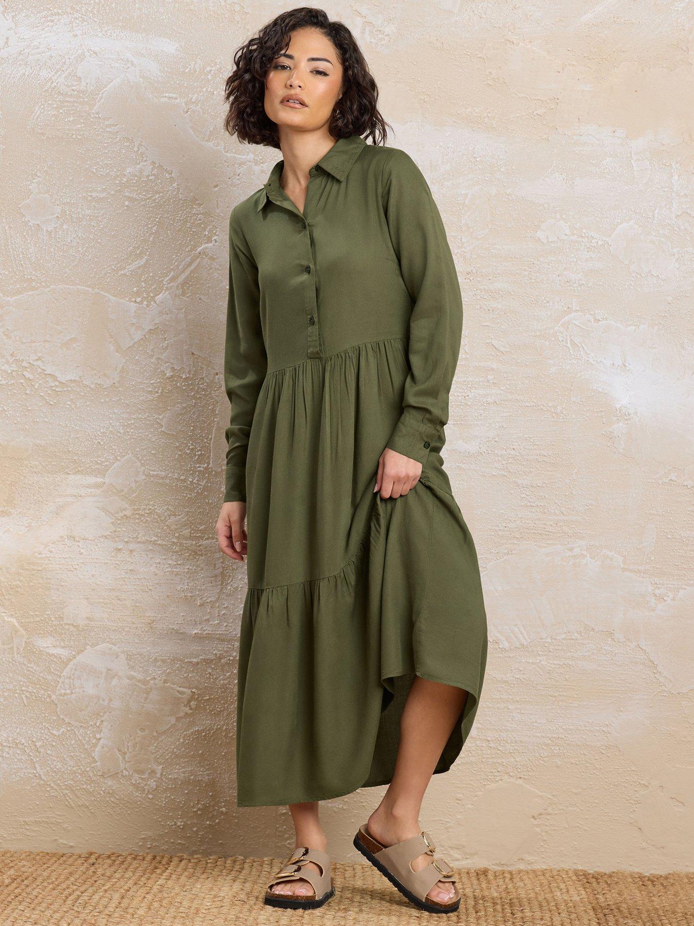 Image 1 of 4 of PixieGirl Petite Long Sleeve Smock Button Midi Dress - Green