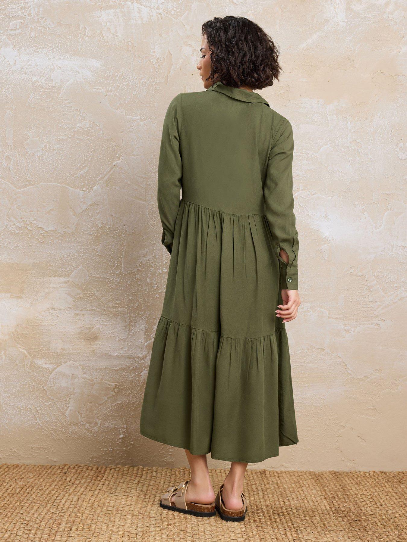 Image 2 of 4 of PixieGirl Petite Long Sleeve Smock Button Midi Dress - Green