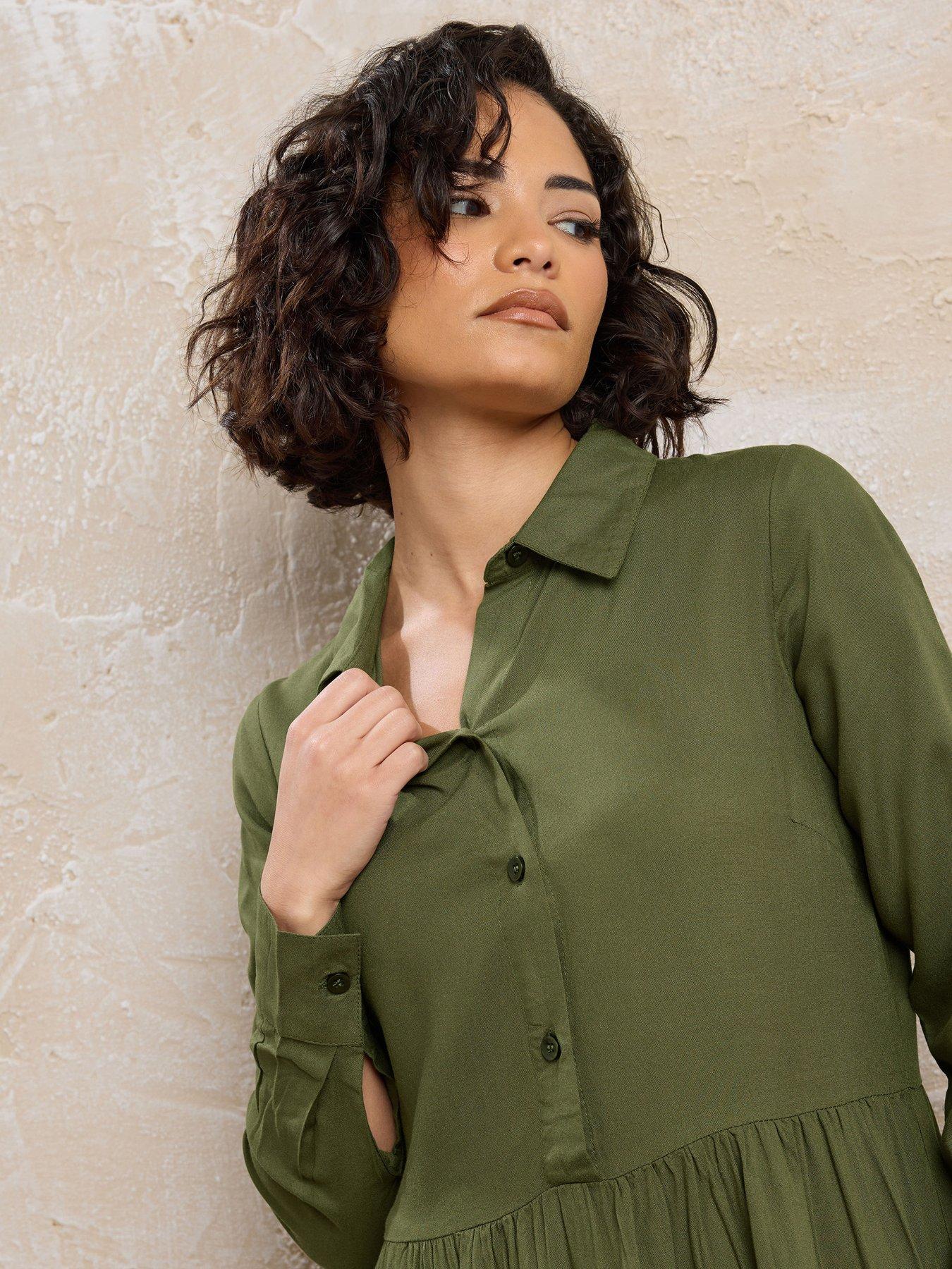 Image 4 of 4 of PixieGirl Petite Long Sleeve Smock Button Midi Dress - Green