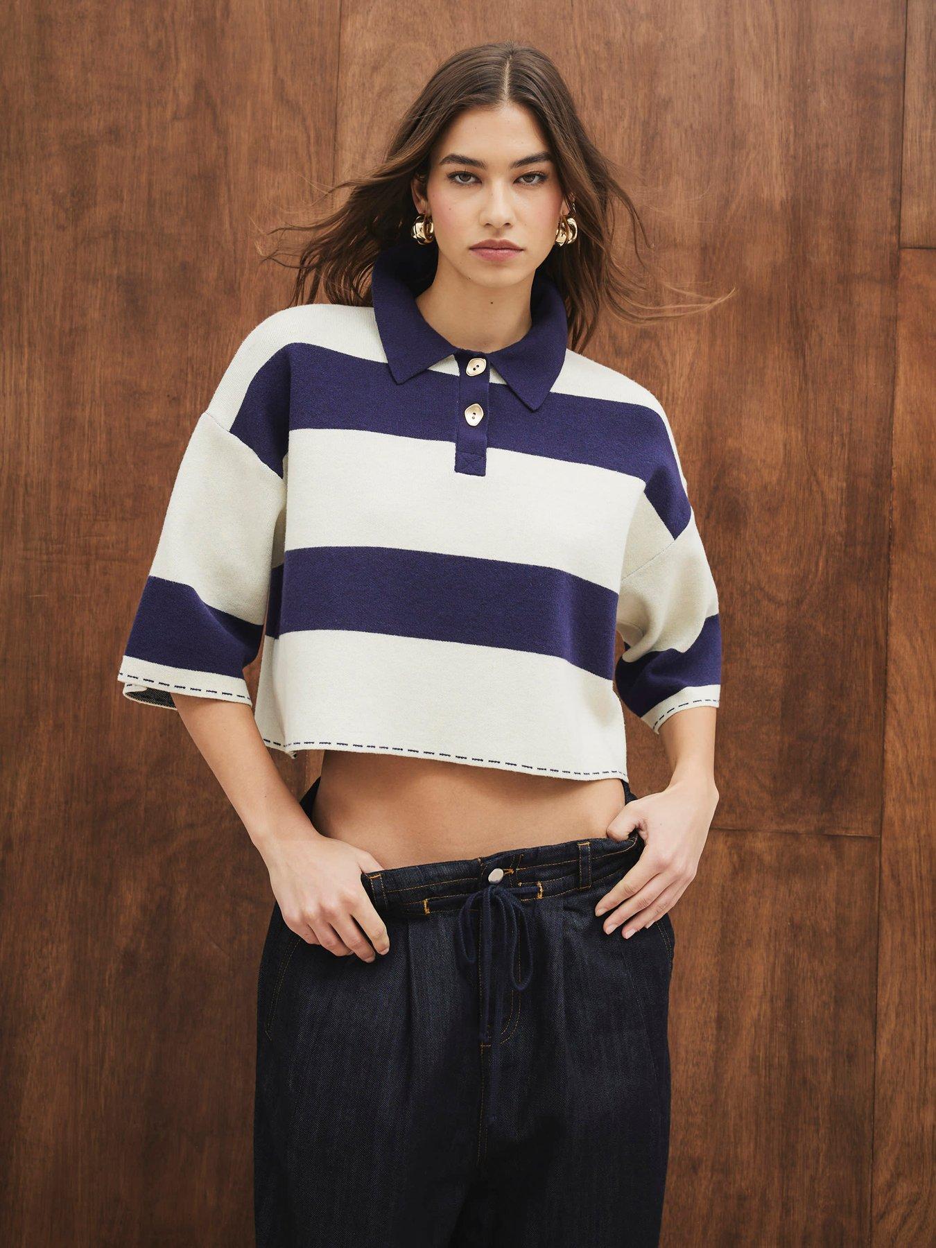 river-island-boxy-crop-stripe-polo-navywhite