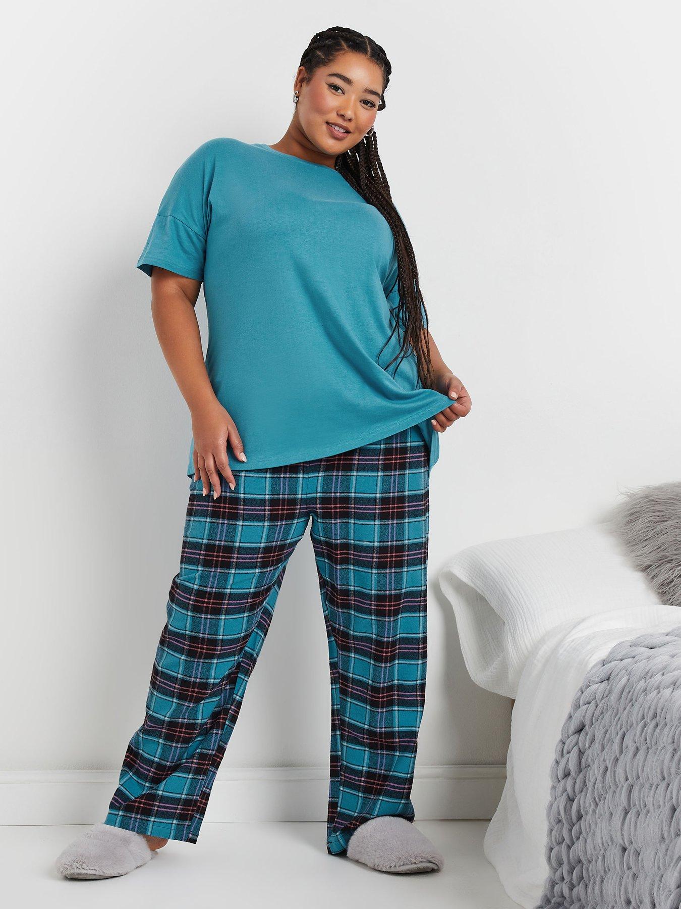 yours-curve-jersey-woven-short-sleeve-check-pj-set-blue