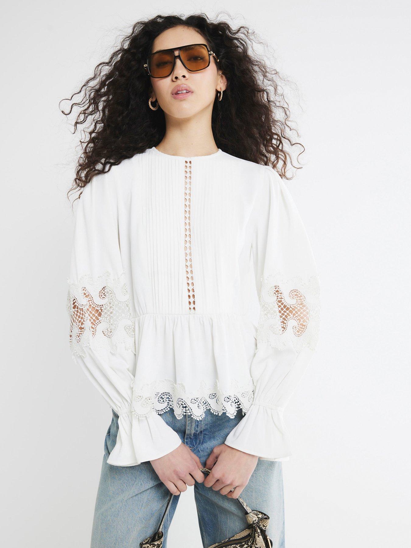 Image 1 of 5 of River Island Pintuck Detail Peplum Blouse - White