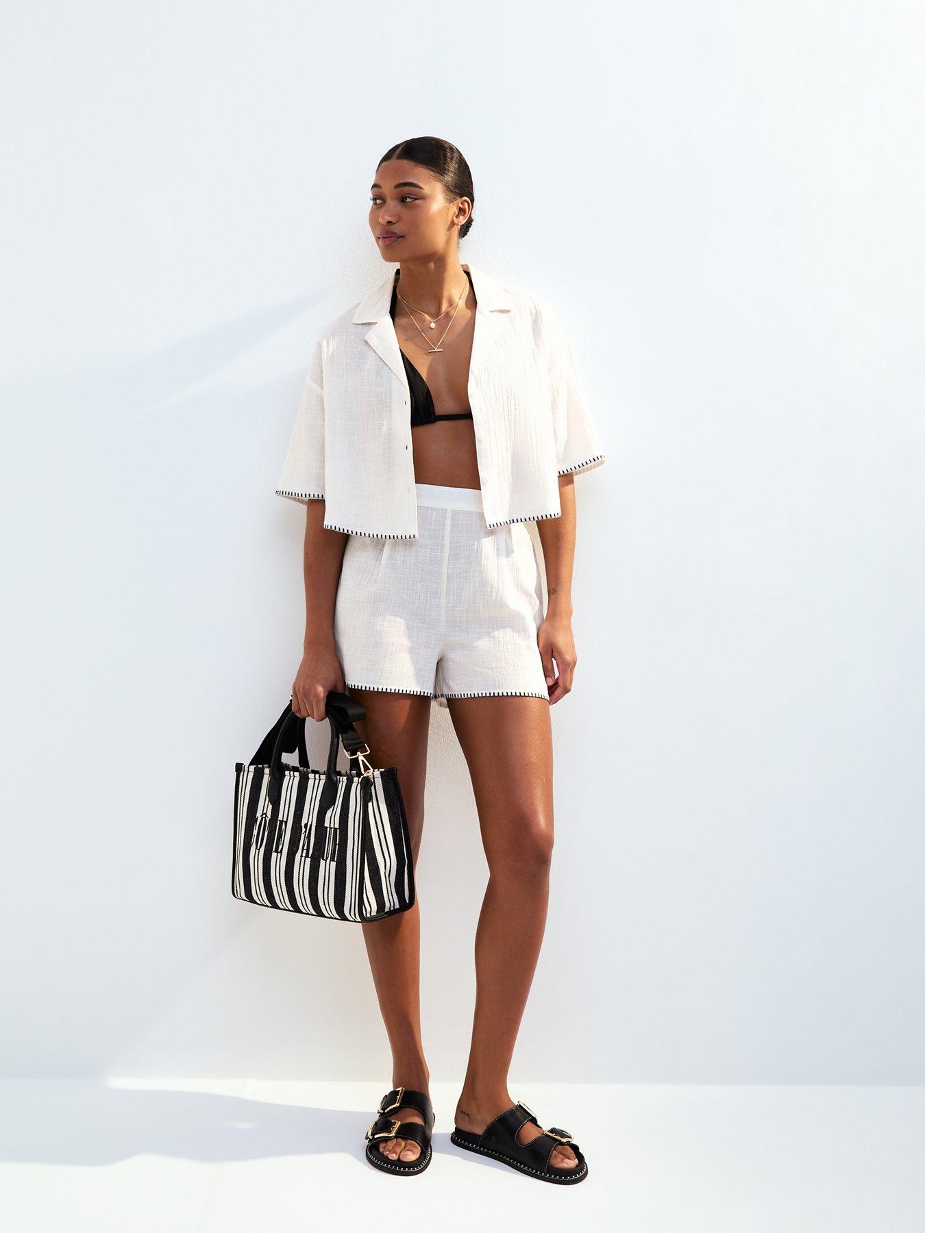 Image 3 of 6 of New Look Cream Textured Blanket Stitch Cropped Beach Shirt