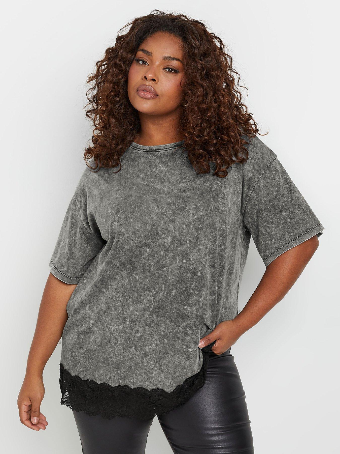 yours-curve-acid-wash-lace-hem-t-shirt-greyfront