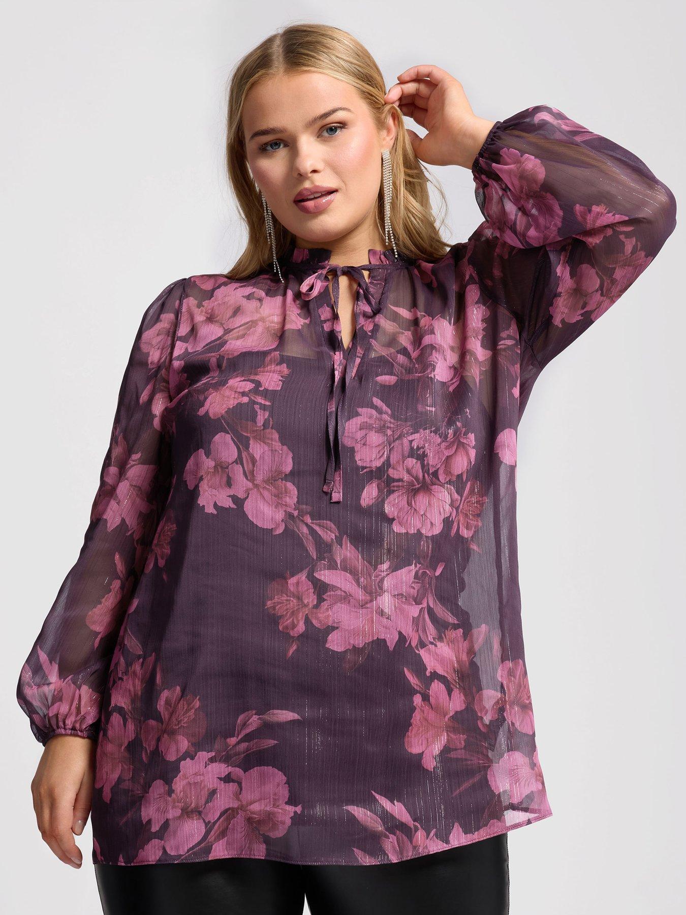 yours-curve-floral-ruffle-metallic-blouse-purple