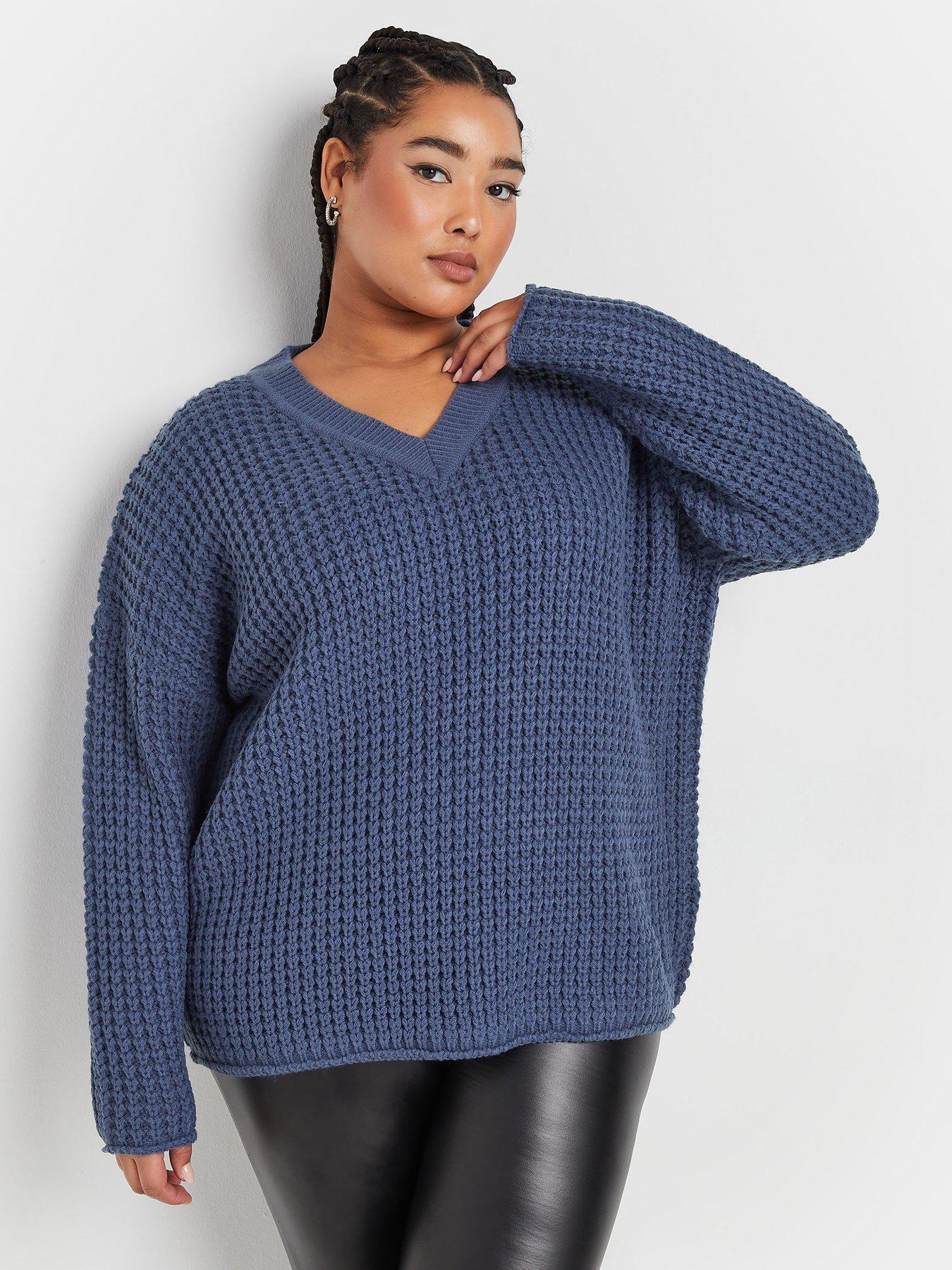 yours-curve-v-neck-waffle-jumper-bluefront