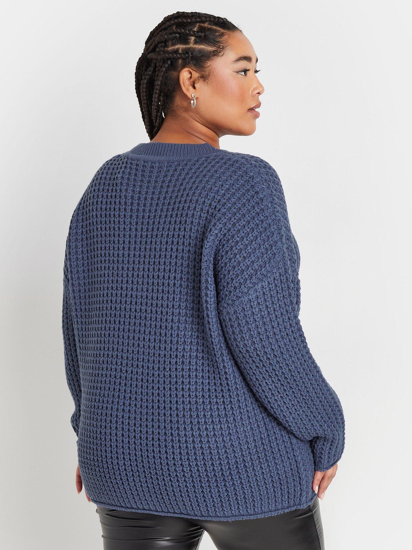 yours-curve-v-neck-waffle-jumper-bluestillFront