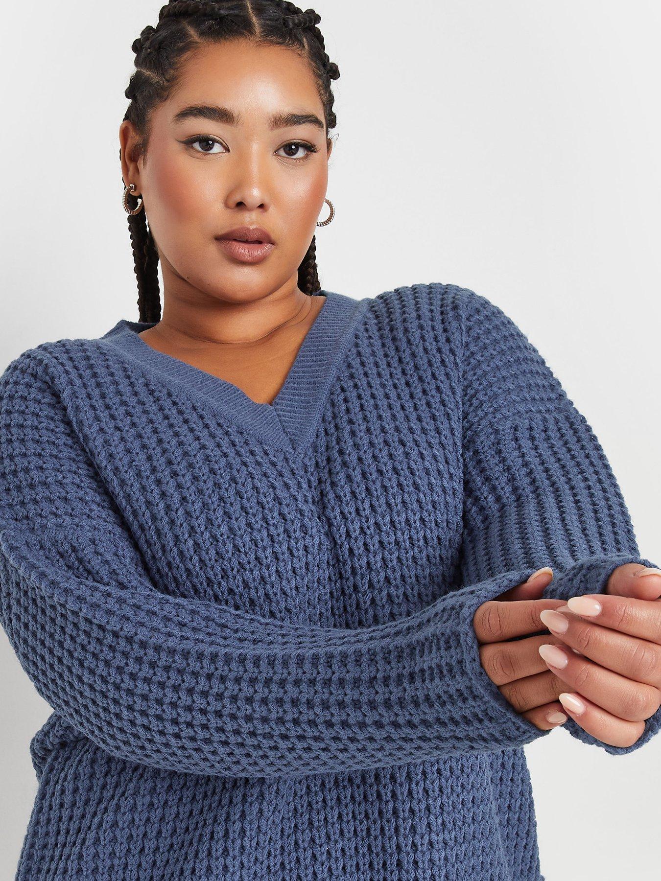 yours-curve-v-neck-waffle-jumper-blueoutfit