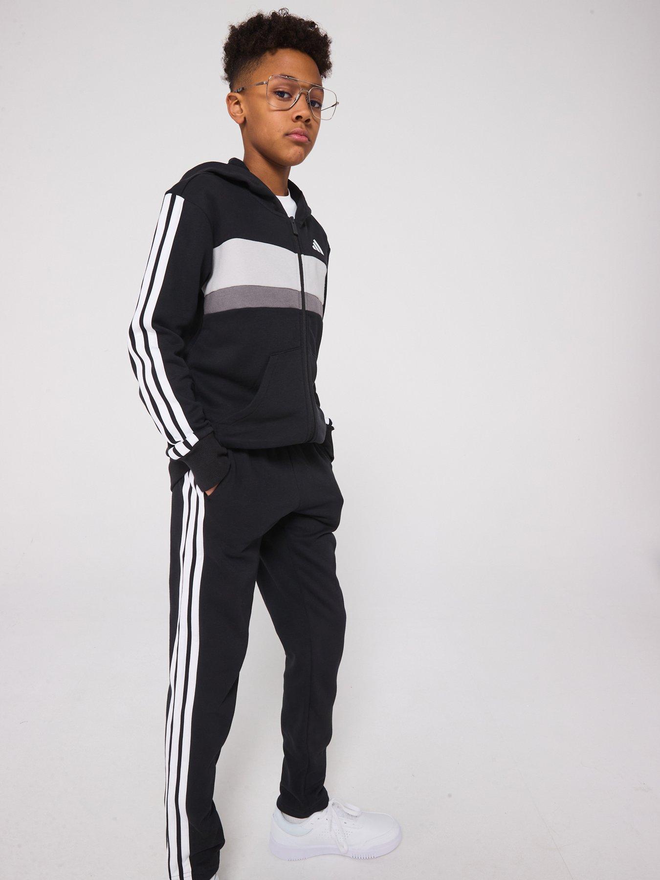 Image 1 of 6 of adidas Sportswear Junior Boys Seasonal Essentials Tiberio 3-Stripes Fleece Track Suit - Black