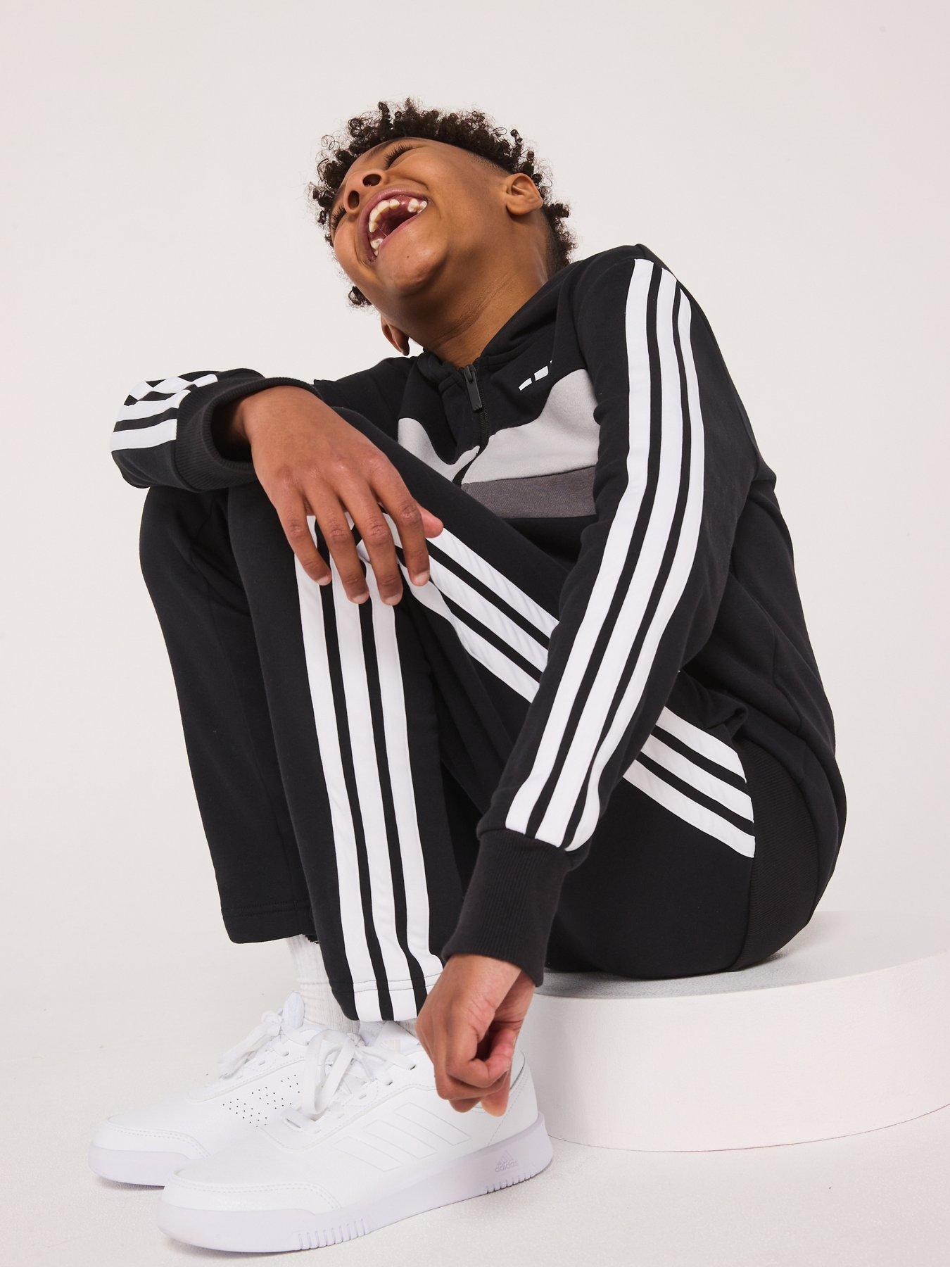 Image 3 of 6 of adidas Sportswear Junior Boys Seasonal Essentials Tiberio 3-Stripes Fleece Track Suit - Black