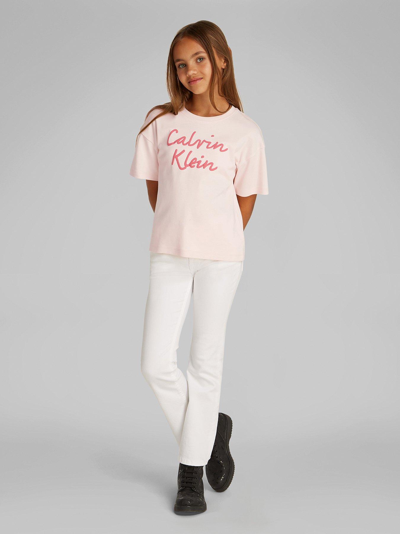 undefined Girls Script Logo Boxy Short Sleeve T-Shirt - Pink