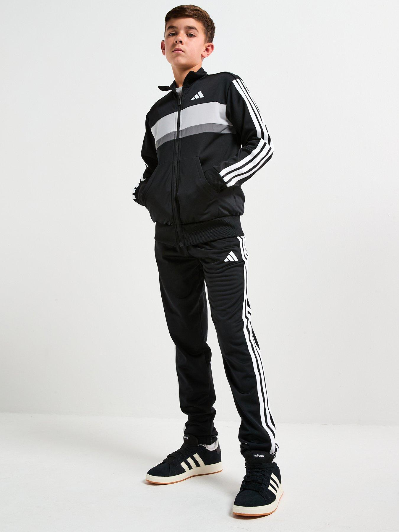 Adidas Sportswear Junior Boys Seasonal Essentials Tiberio 3-Stripes Tricot Track Suit - Black in Black/White/Grey Two