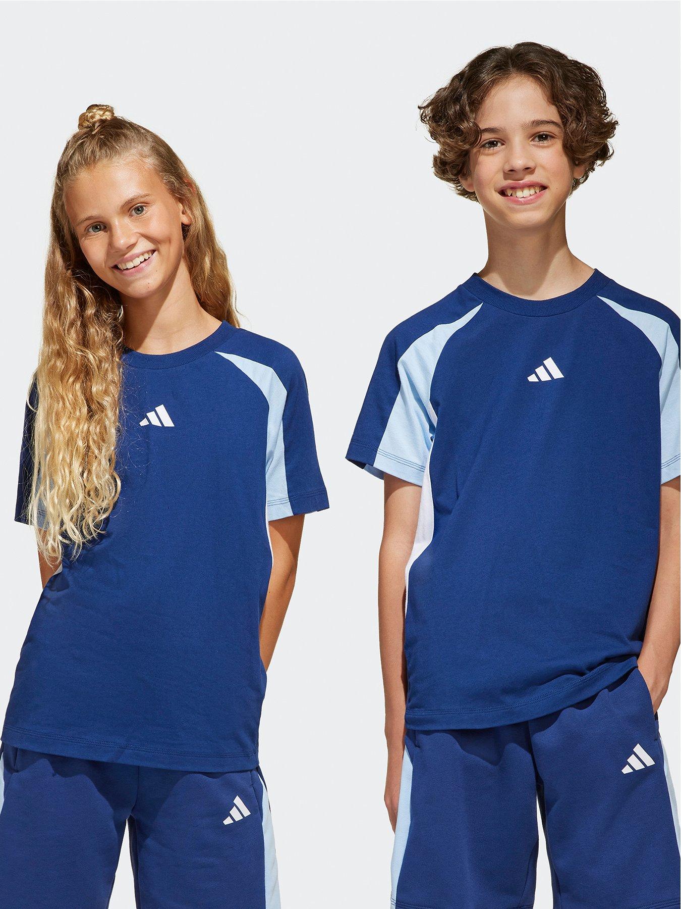 Image of adidas Sportswear Junior Boys Seasonal Essentials Colorblock T-Shirt - Dark Blue/Glow Blue/White