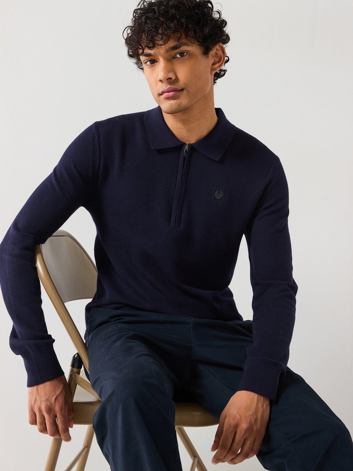 Image of Belstaff Drift 1/4 Zip Long Sleeve Knitted Polo - Navy