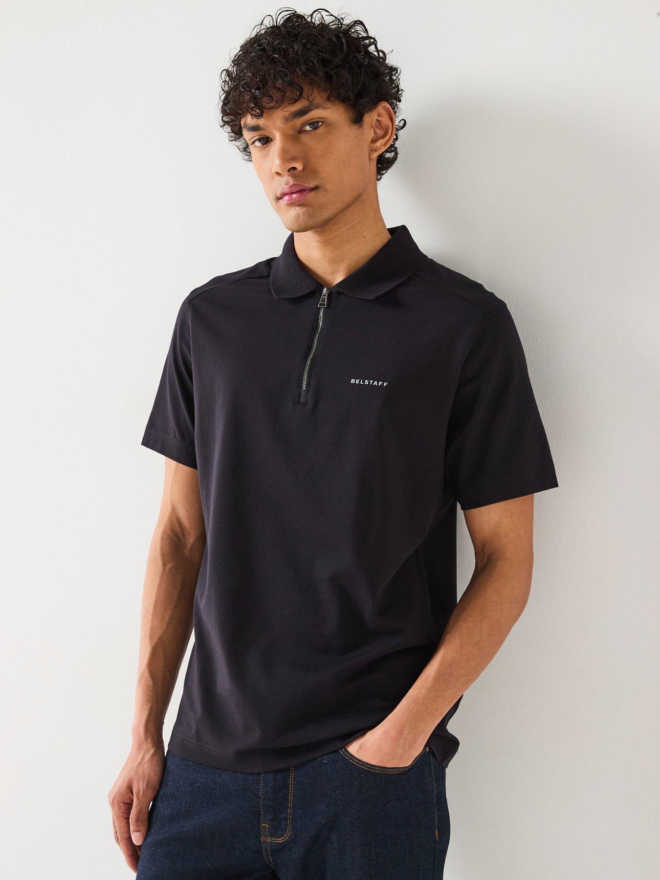 Image of Belstaff Alloy Small Linear Logo Zip Cotton Polo Shirt - Black