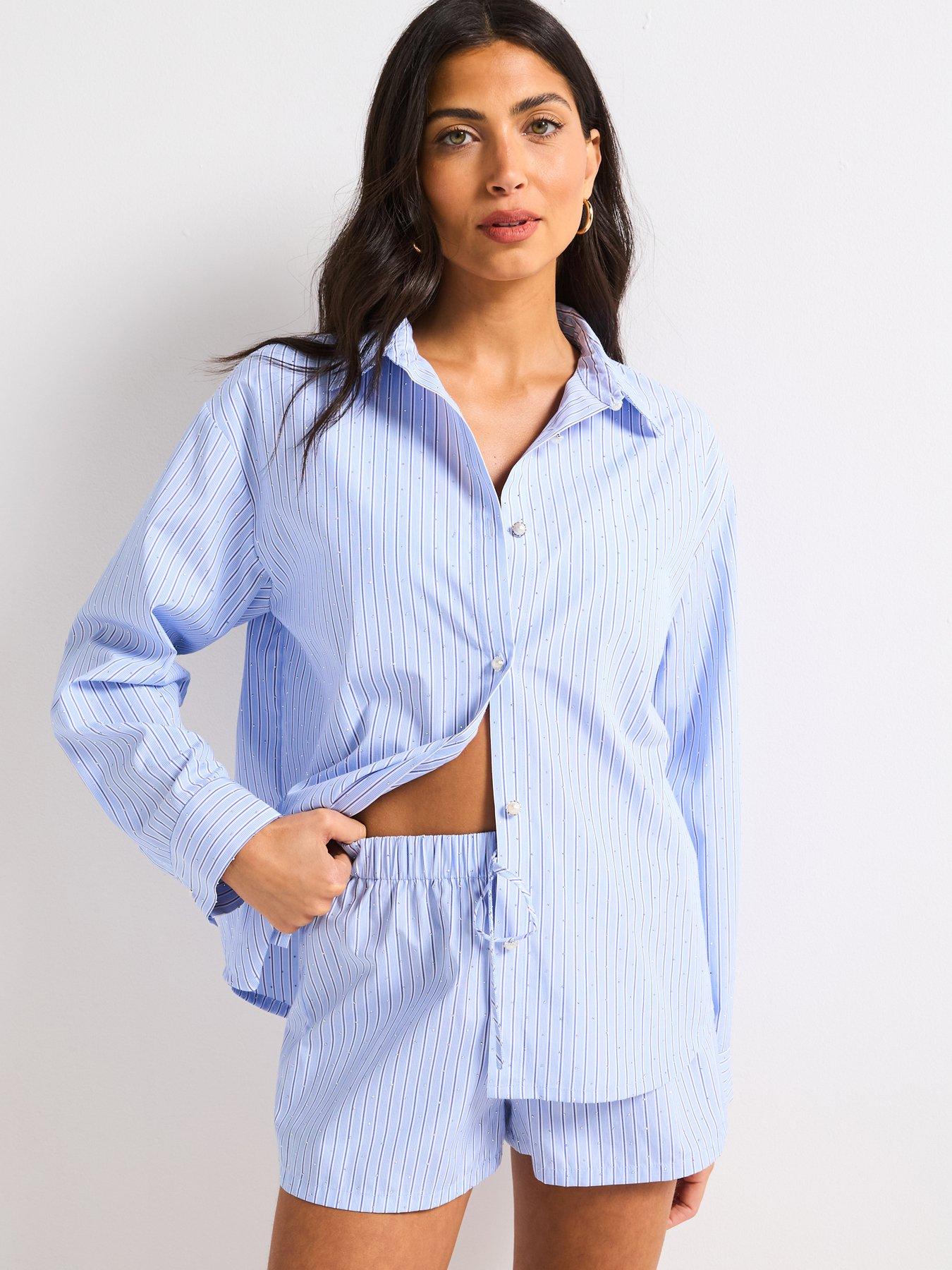 undefined Diamante Cotton Beach Shirt - Blue