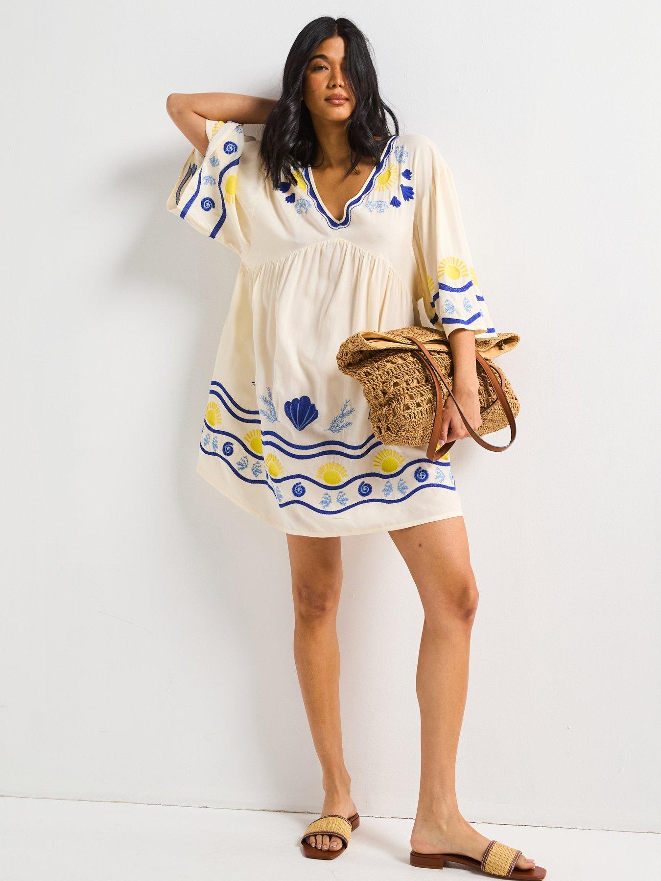 embroidered beach dress White Embroidered Flowers Beach Dress/ Kaftan – Amelia Rose Accessories