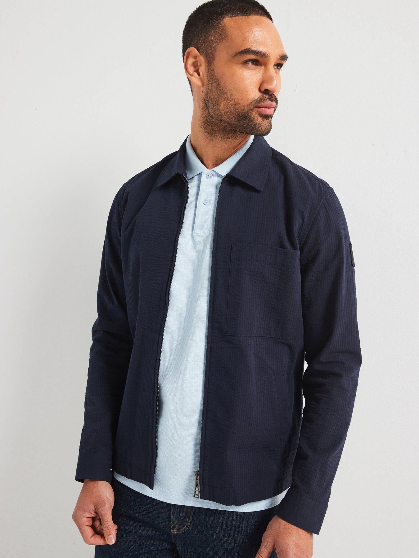 undefined Channel Seersucker Zip Through Overshirt - Navy