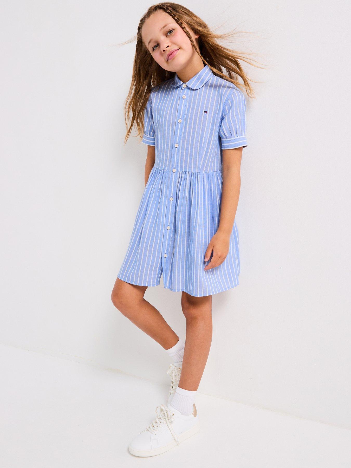 Image 1 of 6 of Tommy Hilfiger Girls Striped Short Sleeve Dress - Blue