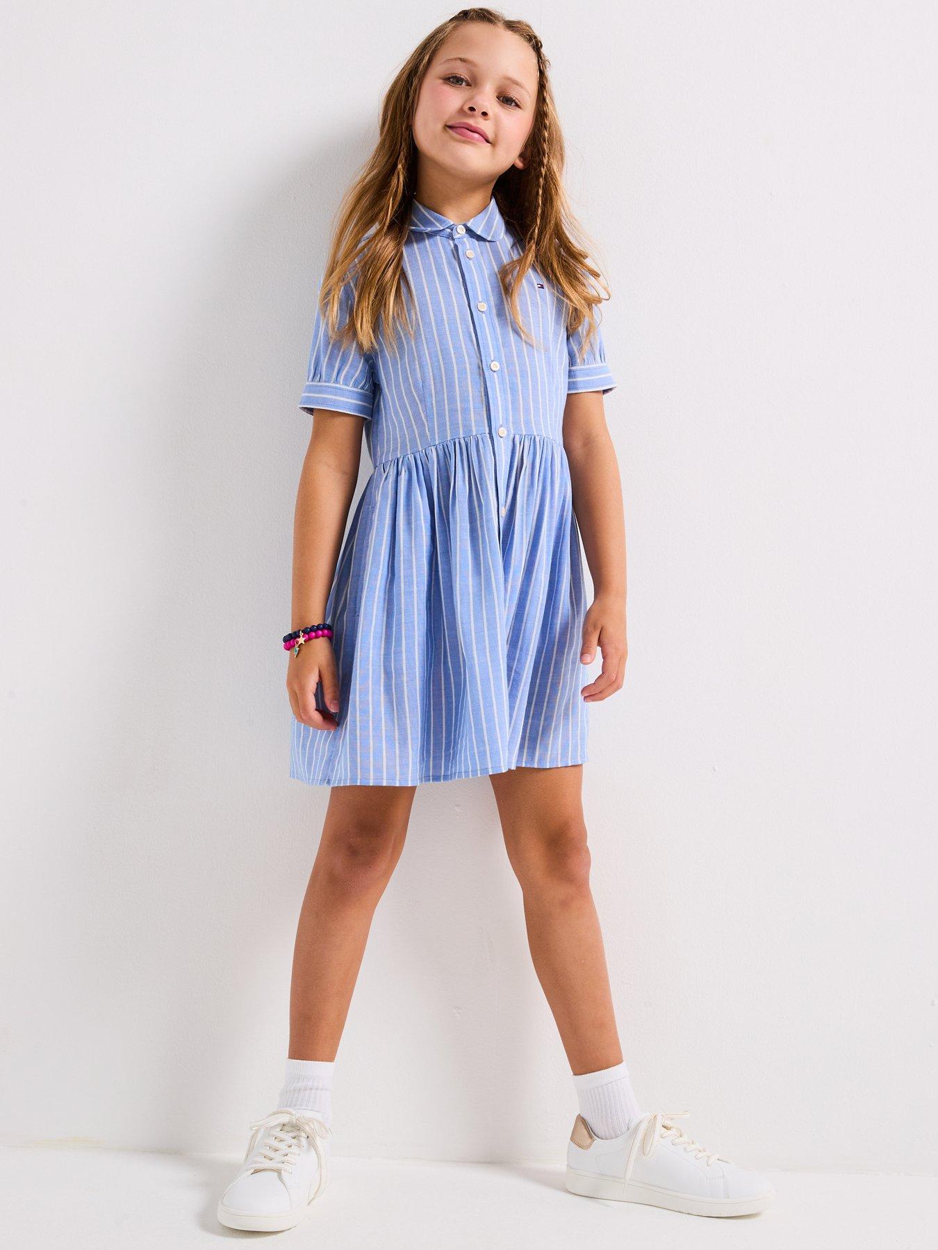 Image 3 of 6 of Tommy Hilfiger Girls Striped Short Sleeve Dress - Blue