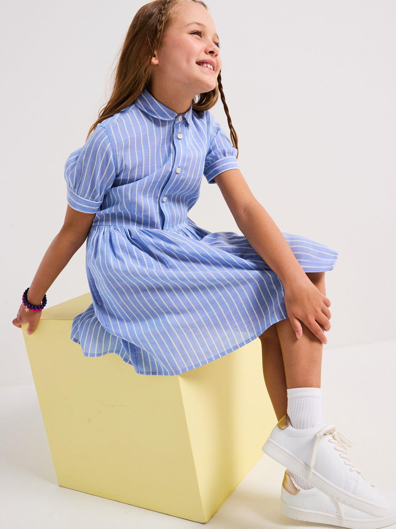 Image 4 of 6 of Tommy Hilfiger Girls Striped Short Sleeve Dress - Blue