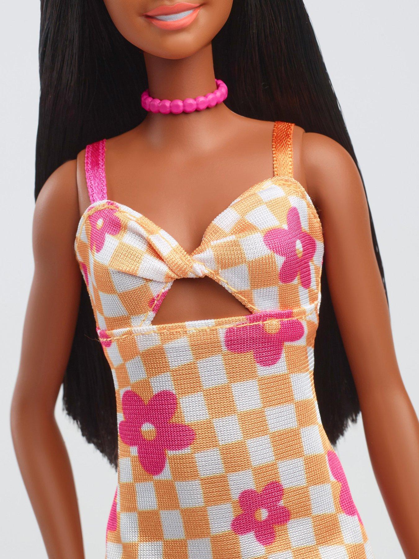 barbie-fashionistas-doll-233-in-checkered-flower-midi-dress-black-hairoutfit