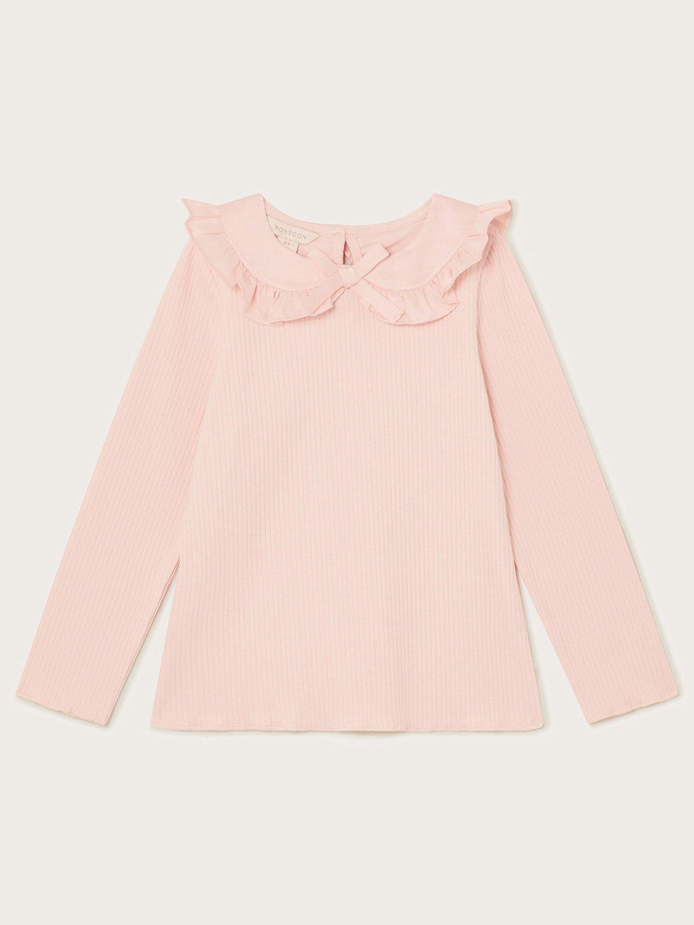 Image 1 of 3 of Monsoon Girls Satin Collar Long Sleeve Rib Top - Pink