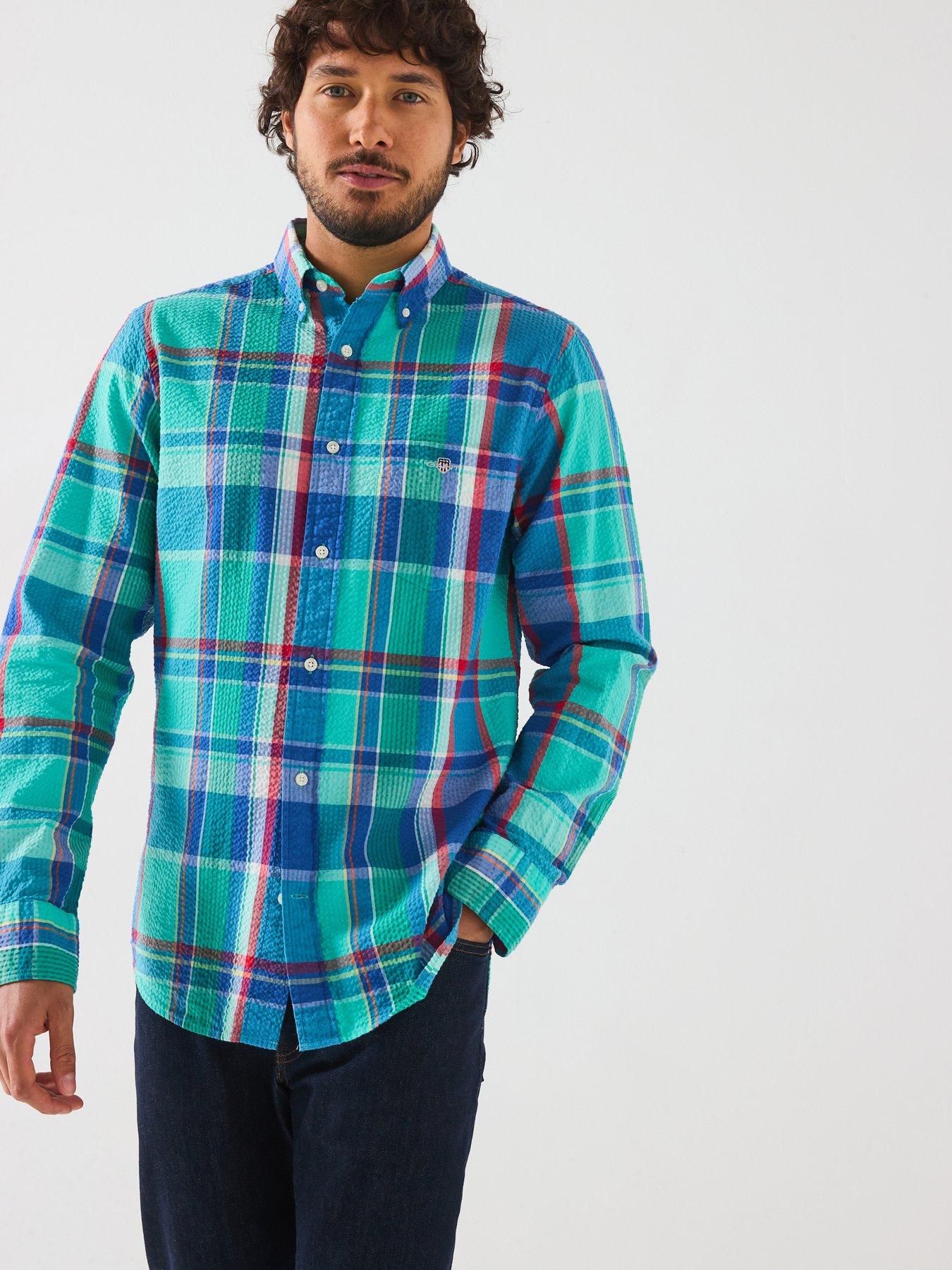 Image 1 of 6 of GANT Gant Regular Fit Seersucker Check Print Long Sleeve Shirt - Blue