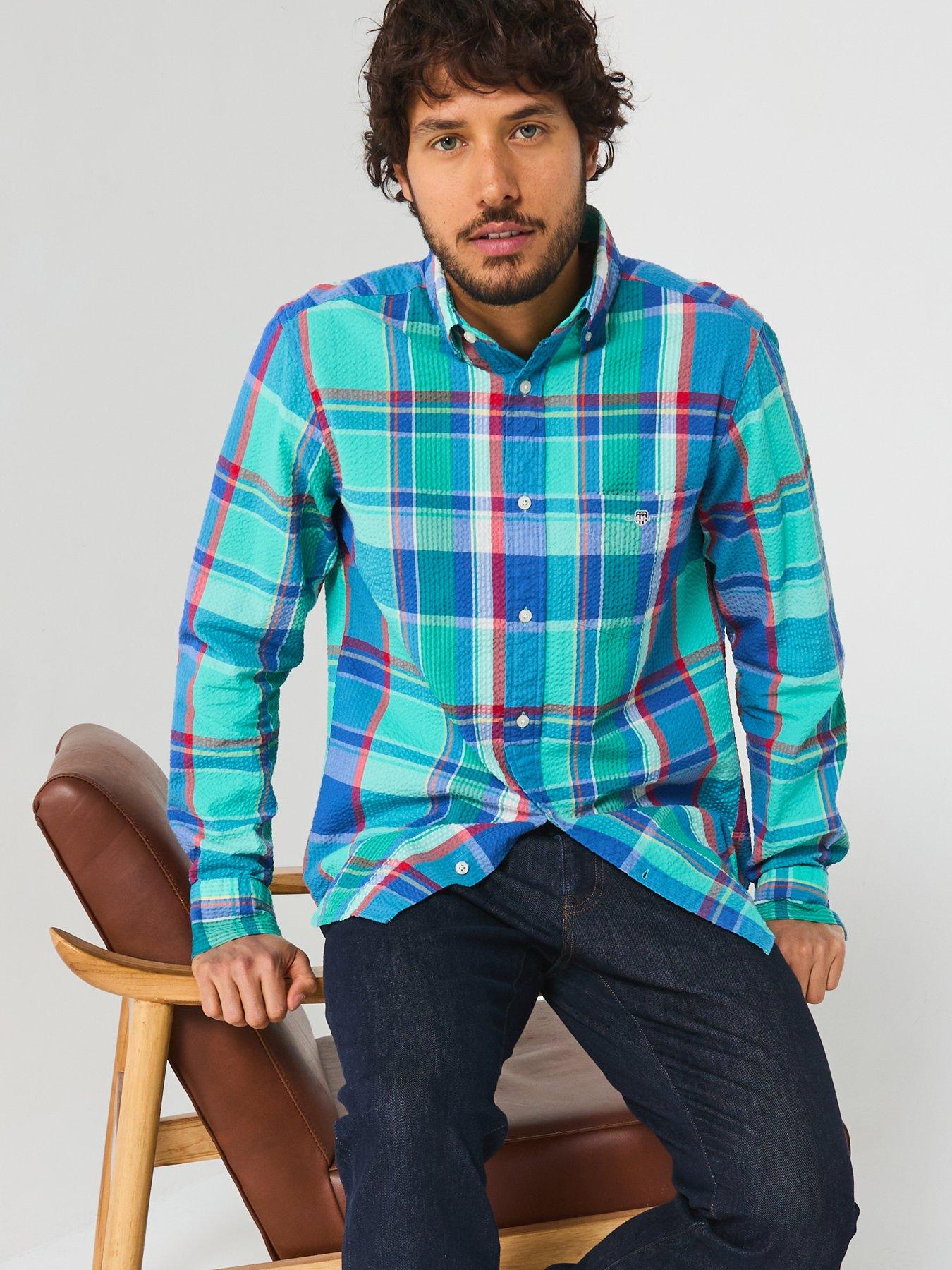 Image 4 of 6 of GANT Gant Regular Fit Seersucker Check Print Long Sleeve Shirt - Blue