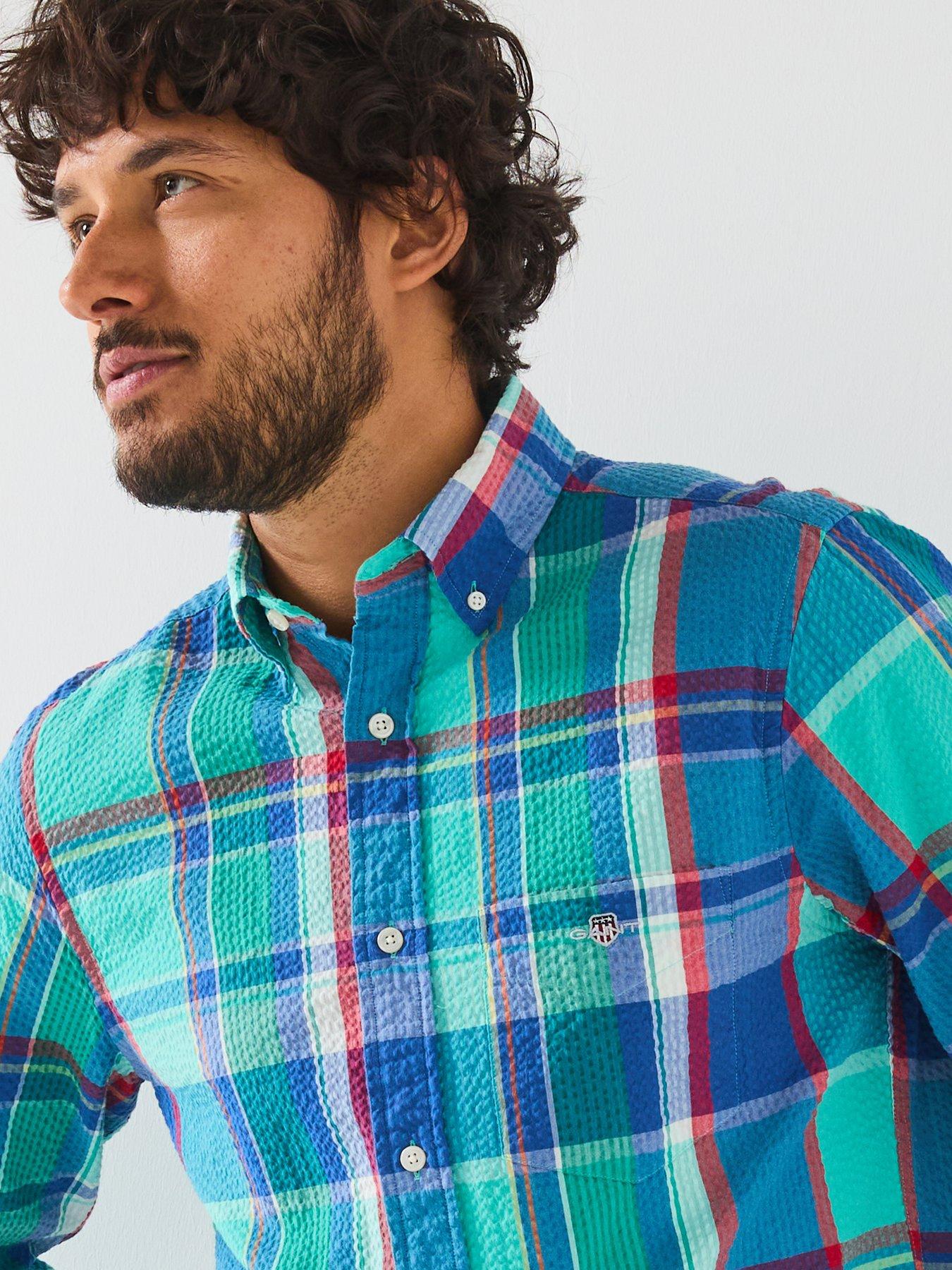 Image 5 of 6 of GANT Gant Regular Fit Seersucker Check Print Long Sleeve Shirt - Blue
