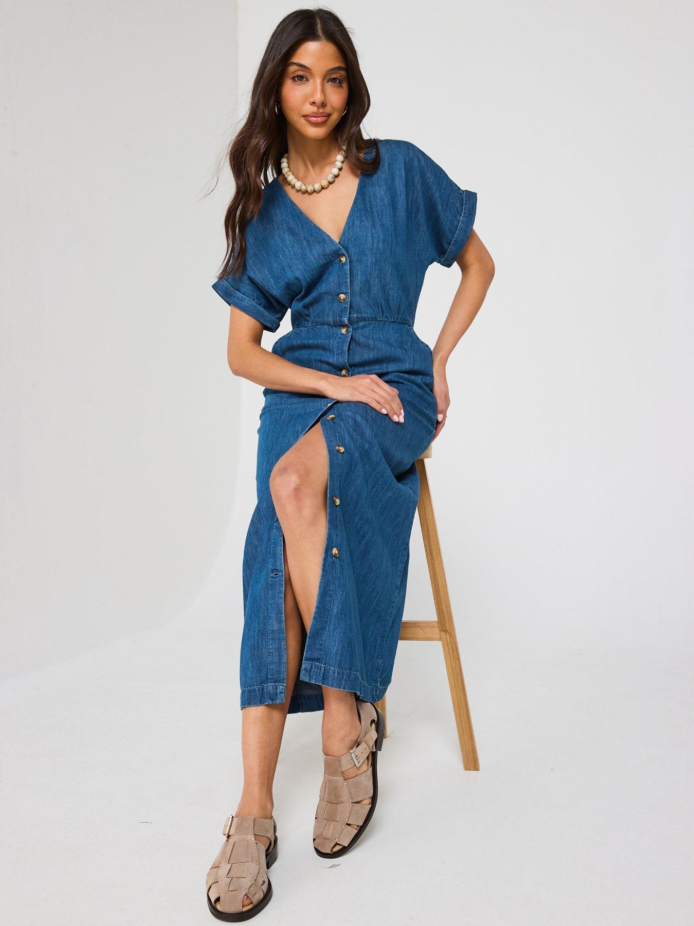 V by Very Short Sleeve Denim Midi Dress - Dark Wash