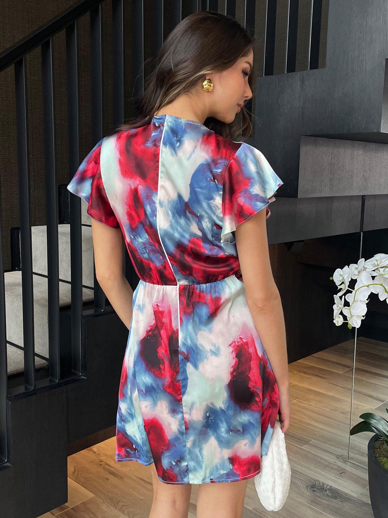 Image 2 of 4 of AX Paris Multi Smudge Print Flutter Sleeve Gathered Side Mini Dress