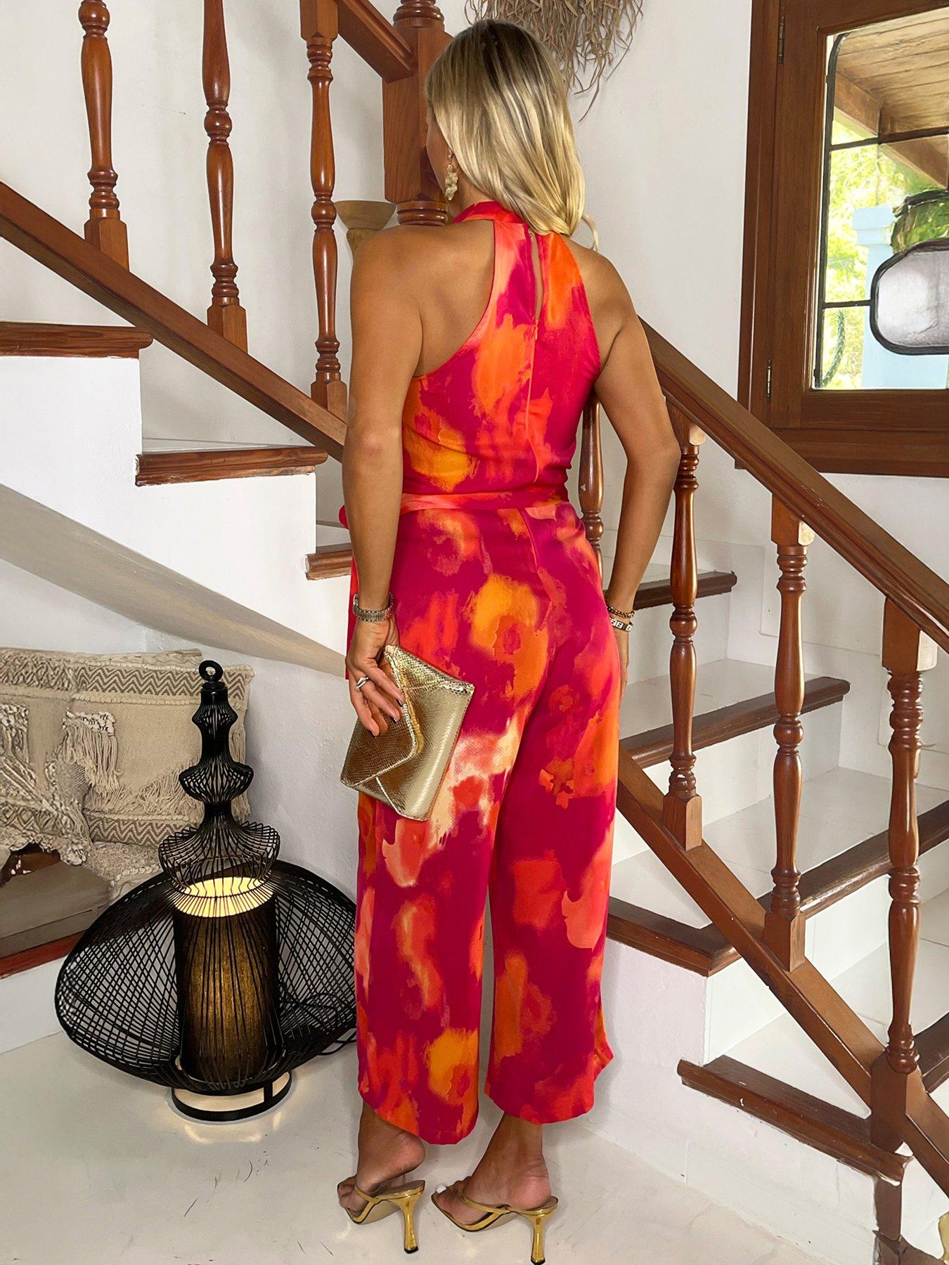 Image 2 of 4 of AX Paris Smudge Print Halter Neck Tie Waist Jumpsuit - Multi