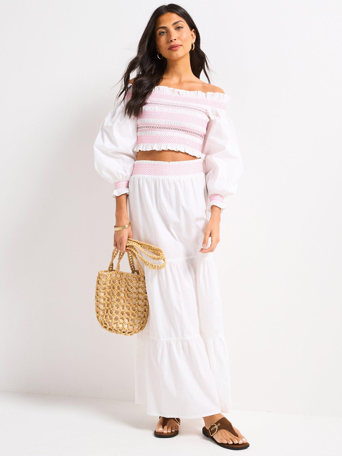Image 1 of 6 of V by Very Contrast Stitch Bardot Blouse - White