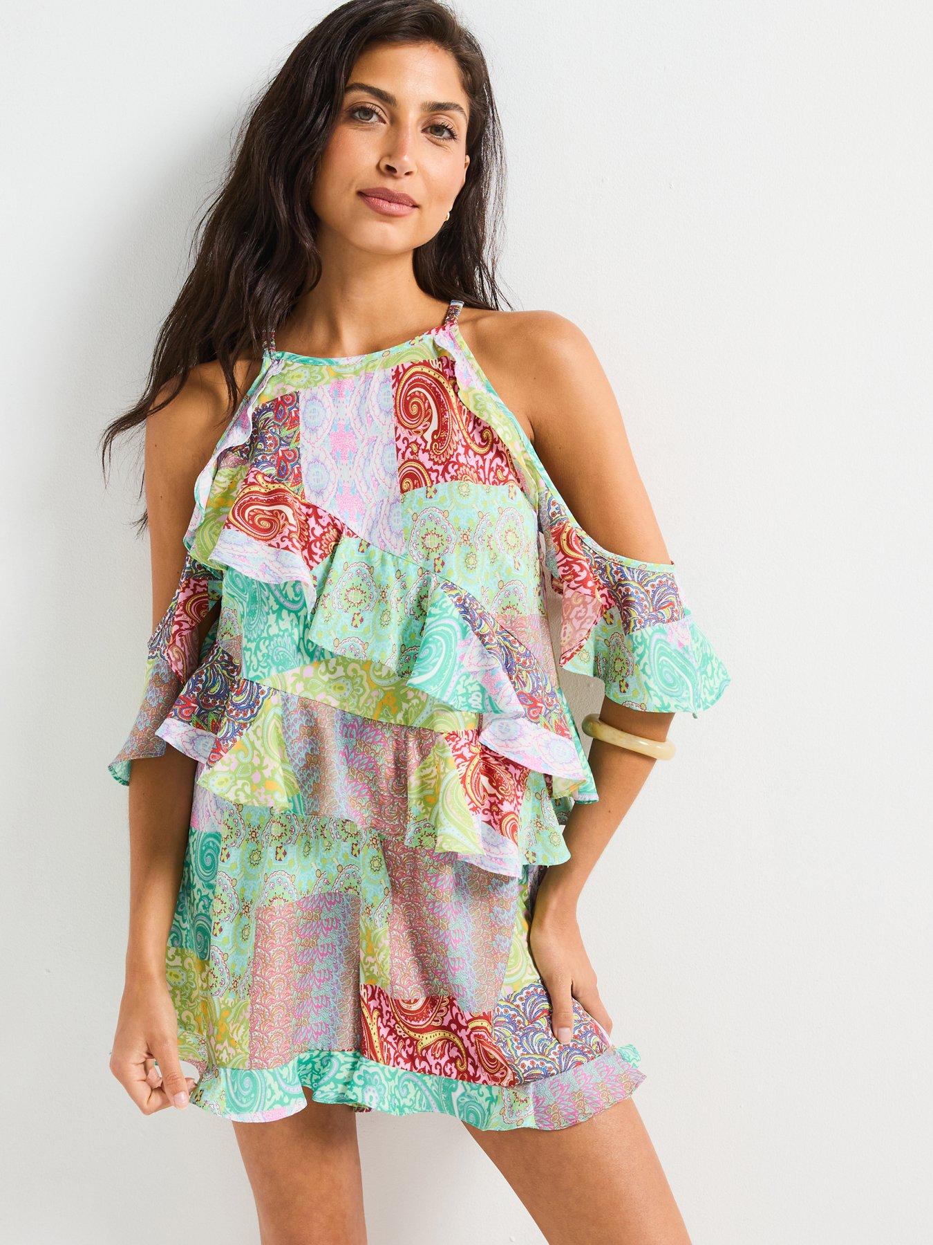 undefined Cold Shoulder Ruffle Playsuit - Multi