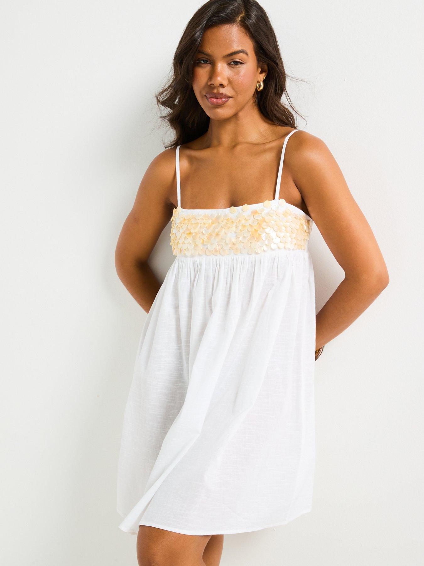 Image 3 of 4 of V by Very Shell Detail Strappy Mini Beach Dress - Cream