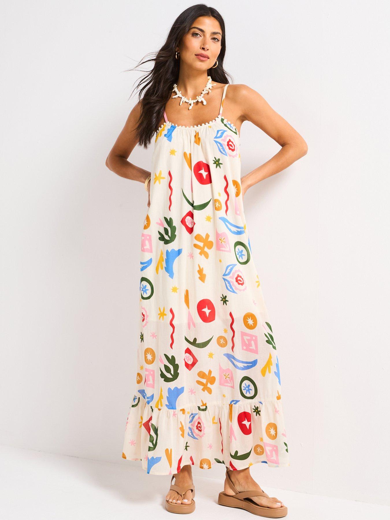 Image 1 of 4 of V by Very Strappy Printed Beach Midaxi Dress - Print